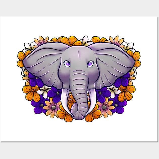 Elephant with African Flowers Wall Art by leashonlife